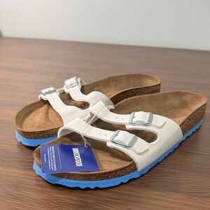 Birkenstock Women’s‎ White Sandals with Blue Outsole
